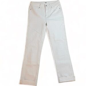 PAIGE Pinstripe Raw Cuff Hem Straight Size 27 Gray White Pants Jeans Woman’s HTF